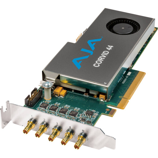AJA Corvid 44 CRV44-S-R0 8-lane PCIe 2.0 x8 video I/O card with four bidirectional 3G-SDI BNC connectors, short bracket, and passive cooling.