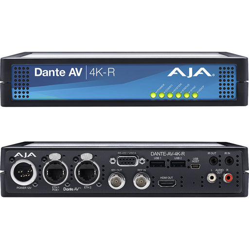 AJA DANTE-AV-4K-R Receiver – 4K UltraHD Dante AV decoder for IP-based video and audio, supporting HDMI 2.0 output and low-latency streaming.