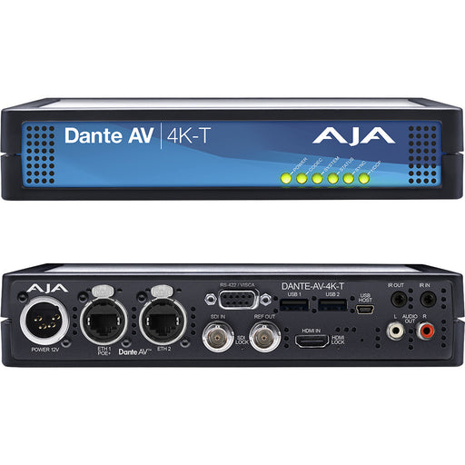 AJA DANTE-AV-4K-T is a 4K HDMI video transmitter with Dante AV Ultra, providing low-latency, high-quality video and audio over IP networks.