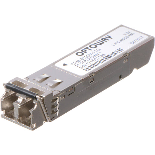 AJA FIBERLC-1TX-MM single-channel fiber transmitter module with LC connector for multi-mode fiber, compact design for rack-mounted AJA equipment.