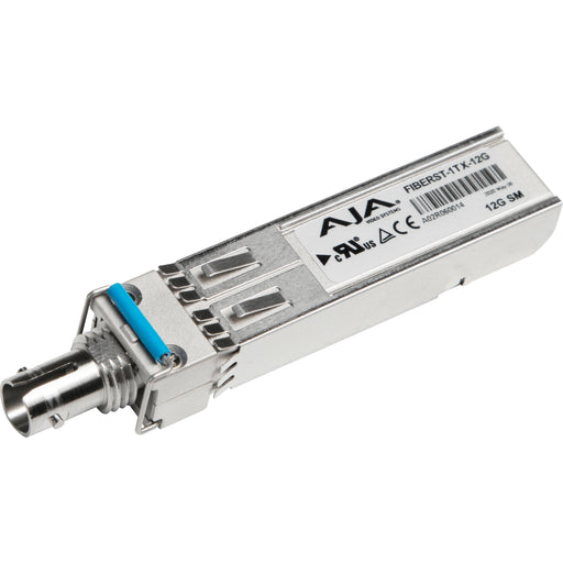 AJA FiDO-1T-ST-12G single-channel 12G-SDI to optical fiber mini-converter with ST connector.