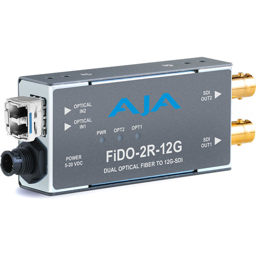 Compact 2-channel fiber optic to 12G-SDI receiver with dual LC inputs for high-resolution video signal conversion.