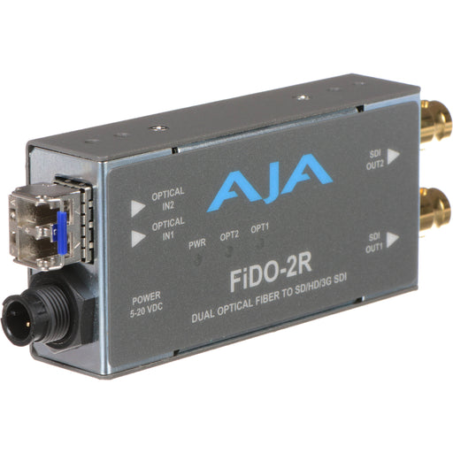 Dual-channel fiber optic to 3G-SDI receiver with LC connectors for reliable HD video signal conversion over long distances.