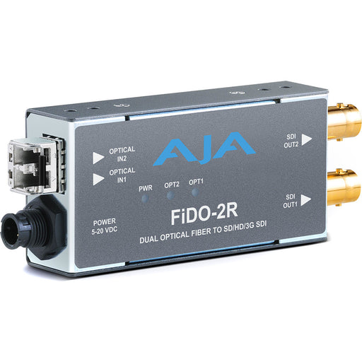 Dual-channel fiber optic to 3G-SDI receiver with LC multimode connectors for short-distance HD video signal conversion.