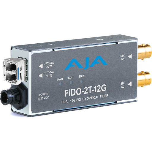 AJA FiDO-2T-12G compact 2-channel 12G-SDI to fiber optic transmitter, featuring dual SDI inputs and LC fiber connectors for high-resolution video signal transmission.