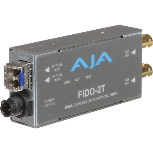 Dual-channel 3G-SDI to fiber optic transmitter with LC connectors for reliable HD video signal transmission over long distances.