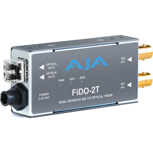 Dual-channel 3G-SDI to fiber optic transmitter with LC multimode connectors for short-distance HD video signal transmission.