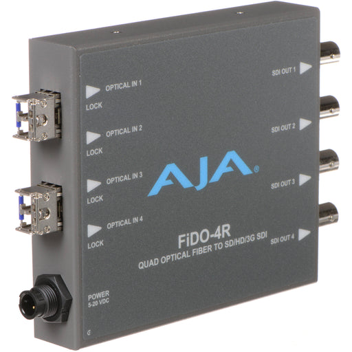 Four-channel fiber optic to 3G-SDI receiver with LC connectors for high-density HD video signal conversion.