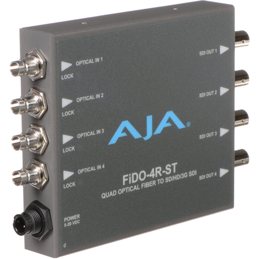Four-channel fiber optic to 3G-SDI receiver with ST connectors for high-density HD video signal conversion over long distances.