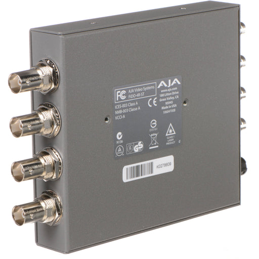 Four-channel fiber optic to 3G-SDI receiver with ST connectors for high-density HD video signal conversion over long distances.