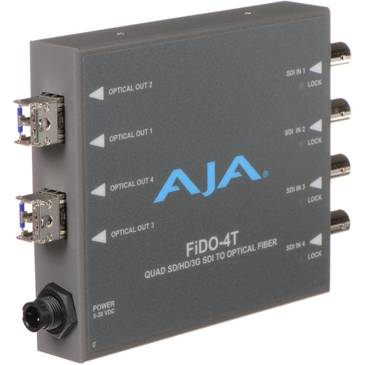 Four-channel 3G-SDI to fiber optic transmitter with LC connectors for high-density video signal transmission.