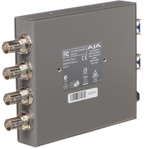 Four-channel 3G-SDI to fiber optic transmitter with LC connectors for high-density video signal transmission.