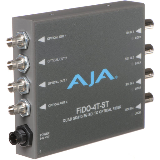 Four-channel 3G-SDI to fiber optic transmitter with ST connectors for high-density HD video signal transmission over long distances.