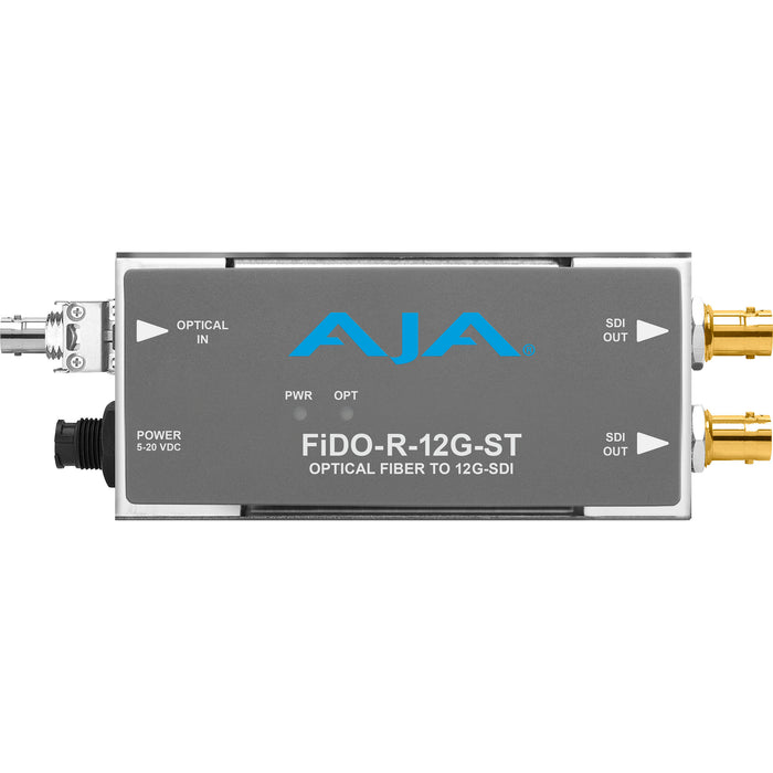 Single-channel fiber optic to 12G-SDI receiver with ST connector for reliable long-distance 4K video signal conversion.