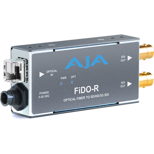 Single-channel fiber optic to 3G-SDI receiver with LC multimode connector for short-distance HD video signal conversion.