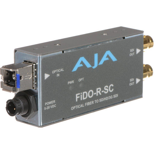 Single-channel fiber optic to 3G-SDI receiver with SC connector for long-distance HD video signal conversion.