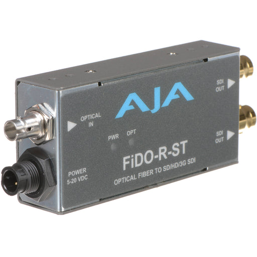 Single-channel fiber optic to 3G-SDI receiver with ST connector for long-distance HD video signal conversion.