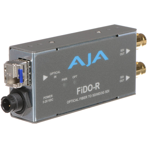 Single-channel fiber optic to 3G-SDI receiver with LC connector for long-distance HD video signal conversion.