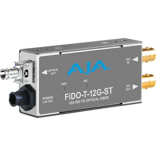 Single-channel 12G-SDI to fiber optic transmitter with ST connector for long-distance 4K video transmission.