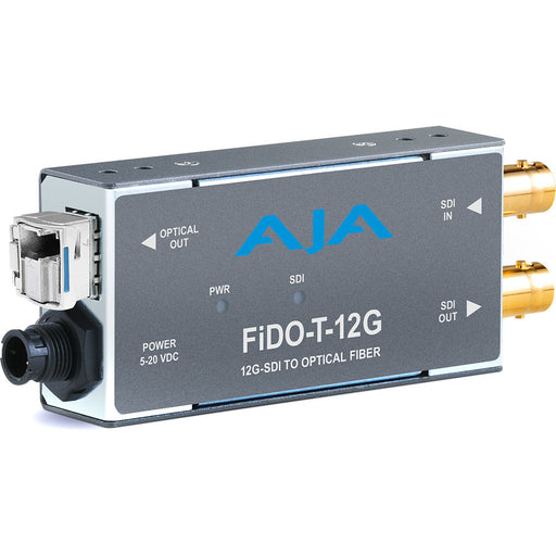Single-channel 12G-SDI to fiber optic transmitter with LC connector for high-resolution video transmission.