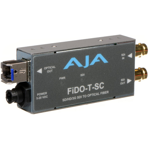 Single-channel 3G-SDI to fiber optic transmitter with SC connector for long-distance HD video signal transmission.