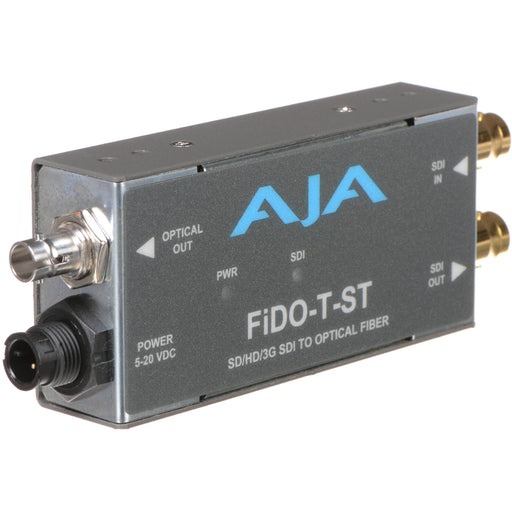 Single-channel 3G-SDI to fiber optic transmitter with ST connector for long-distance HD video transmission.