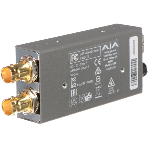 Single-channel 3G-SDI to fiber optic transmitter and receiver with LC connectors for bidirectional HD video signal conversion.