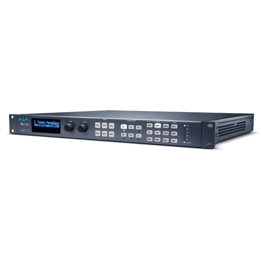 AJA FS-HDR real-time HDR/WCG converter and frame synchronizer, 1RU rack-mounted unit with front-panel display and control buttons.