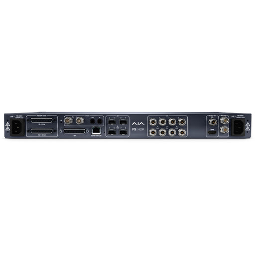 AJA FS-HDR real-time HDR/WCG converter and frame synchronizer, 1RU rack-mounted unit with front-panel display and control buttons.