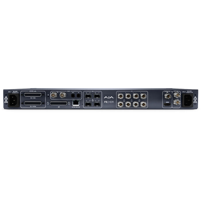 AJA FS-HDR real-time HDR/WCG converter and frame synchronizer, 1RU rack-mounted unit with front-panel display and control buttons.