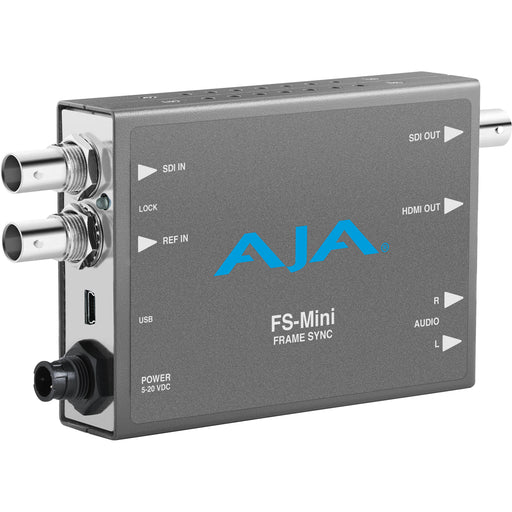 AJA FS-MINI-R0 is a compact frame synchronizer and converter, providing 3G-SDI and HDMI support for high-quality video and audio workflows.