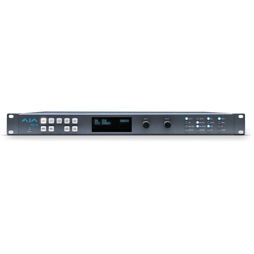 AJA FS1-X multi-format frame synchronizer and converter, 1RU rack-mounted unit with front-panel display and control interface.
