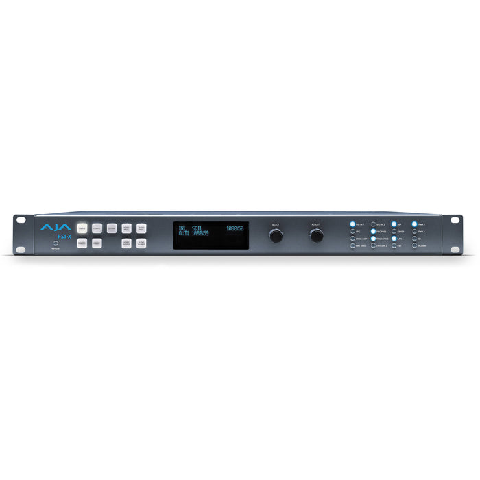AJA FS1-X multi-format frame synchronizer and converter, 1RU rack-mounted unit with front-panel display and control interface.