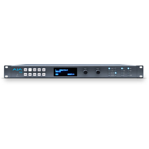 AJA FS2 dual-channel frame synchronizer and converter, 1RU rack-mounted unit with front-panel display and control buttons.