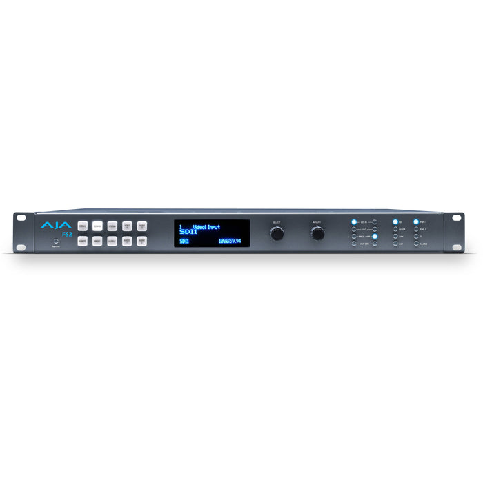 AJA FS2 dual-channel frame synchronizer and converter, 1RU rack-mounted unit with front-panel display and control buttons.
