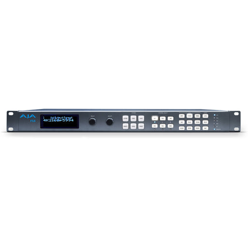 AJA FS4 four-channel 4K/UltraHD/HD frame synchronizer and converter, 1RU rack-mounted unit with front-panel display and control interface.