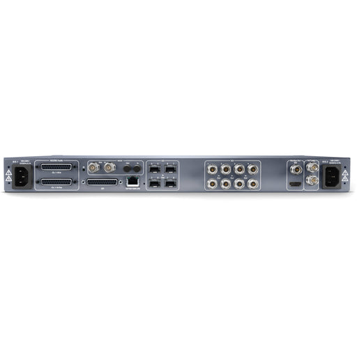 AJA FS4 four-channel 4K/UltraHD/HD frame synchronizer and converter, 1RU rack-mounted unit with front-panel display and control interface.