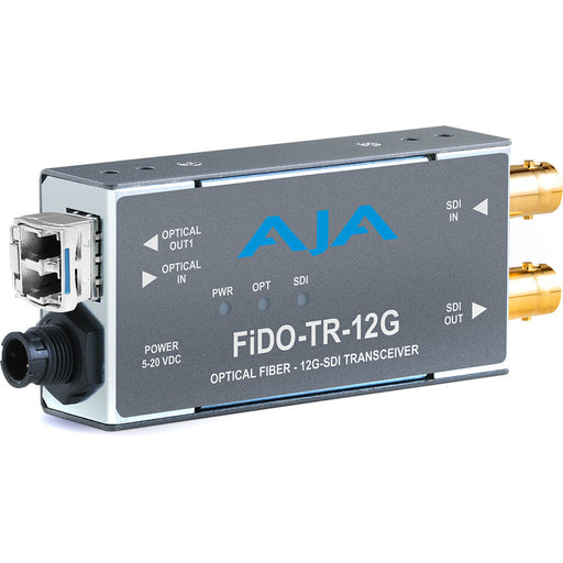AJA FiDO-TR-12G is a compact 12G-SDI fiber transceiver for long-distance signal extension, supporting high-resolution video up to 4K/UltraHD.