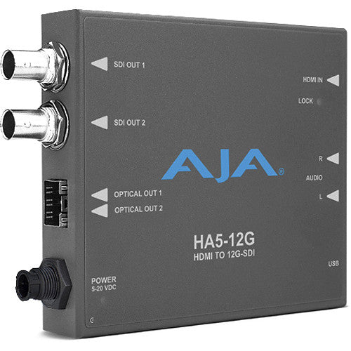 AJA HA5-12G Mini-Converter – Compact HDMI 2.0 to 12G-SDI converter supporting up to 4K/UltraHD video with embedded audio and HDR support.