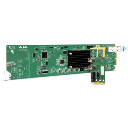 AJA HA5-12G-T-ST Mini-Converter – HDMI 2.0 to 12G-SDI converter with integrated ST fiber transmitter for long-distance 4K signal extension.