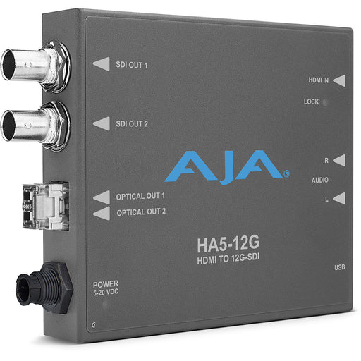 AJA HA5-12G-T Mini-Converter – HDMI 2.0 to 12G-SDI converter with integrated fiber transmitter for long-distance 4K/UltraHD signal delivery.