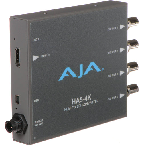 AJA HA5-4K-R0 is an HDMI to 4K SDI converter, supporting up to 4K/UltraHD video, with audio embedding and dual 3G-SDI outputs.
