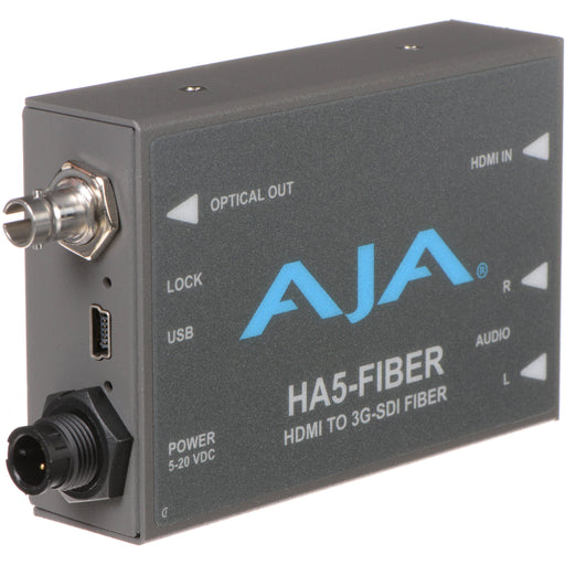 AJA HA5-Fiber Mini-Converter – HDMI to 3G-SDI converter with integrated fiber output for long-distance HD video and audio transmission.