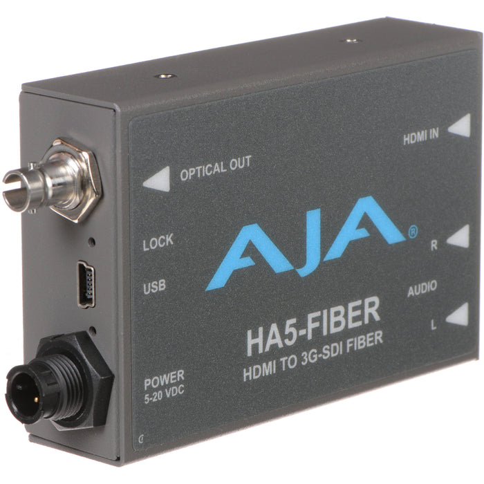 AJA HA5-Fiber Mini-Converter – HDMI to 3G-SDI converter with integrated fiber output for long-distance HD video and audio transmission.