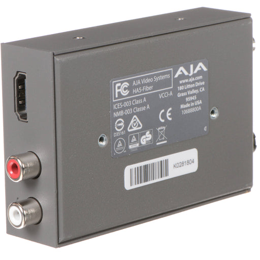 AJA HA5-Fiber Mini-Converter – HDMI to 3G-SDI converter with integrated fiber output for long-distance HD video and audio transmission.
