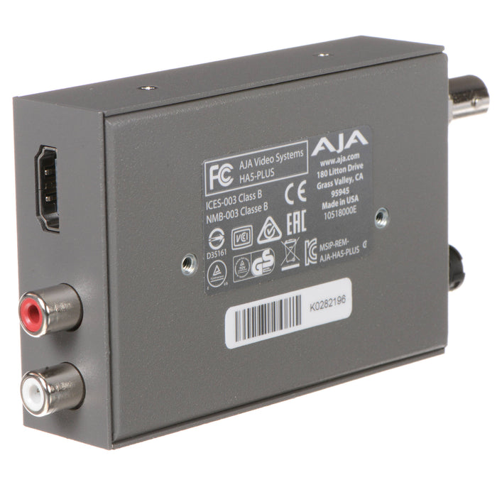 AJA HA5-PLUS-R0 is an HDMI to SDI converter that supports up to 1080p60 video, with audio embedding and robust signal conversion.