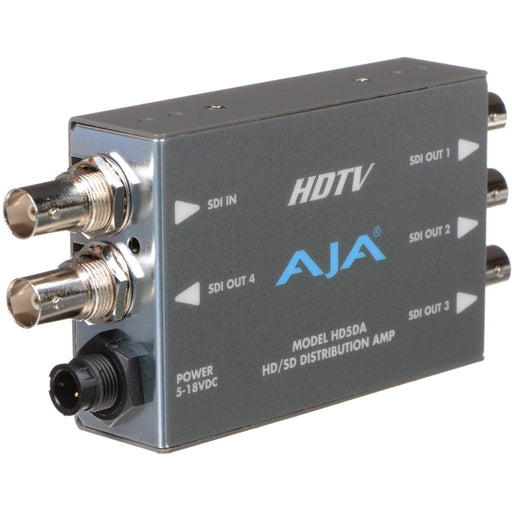 AJA HD5DA compact 1x4 HD/SD-SDI distribution amplifier with reclocking and equalization for reliable video signal distribution.
