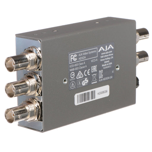 AJA HD5DA compact 1x4 HD/SD-SDI distribution amplifier with reclocking and equalization for reliable video signal distribution.