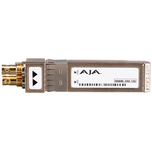 AJA HDBNC-2RX-12G dual-channel 12G-SDI receiver module with HD-BNC connectors, designed for high-resolution video over coax in rack-mounted systems.