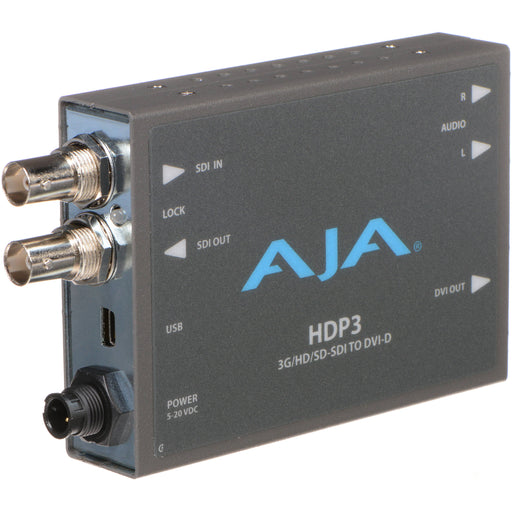 AJA HDP3 Mini-Converter – High-quality SDI to HDMI converter with 3G-SDI support, scaling, frame sync, and audio embedding for professional use.